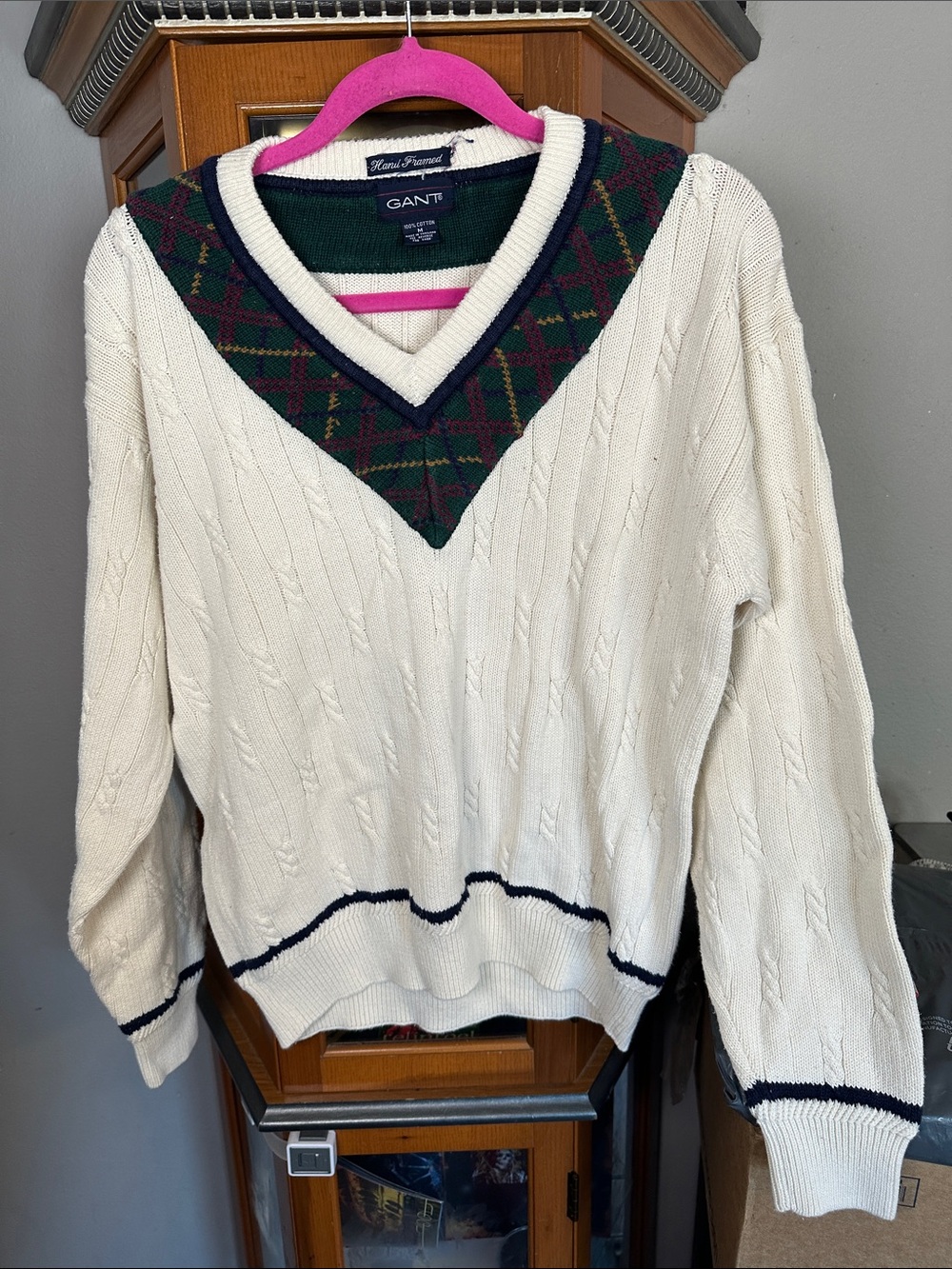Gant Cream Cable Knit V-Neck Sweater with Green & Burgundy Plaid Yoke
